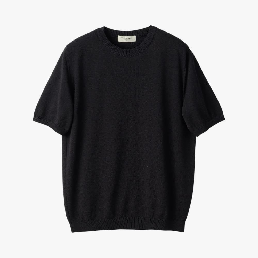 Front view of the Mooncastle Knit Crew Neck in black featuring a clean silhouette and refined knit construction.