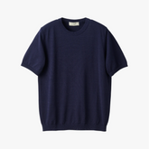 Front view of the Mooncastle Knit Crew Neck in navy featuring a clean silhouette and refined knit construction.