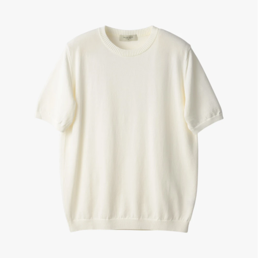 Front view of the Mooncastle Knit Crew Neck in off white featuring a clean silhouette and refined knit construction.