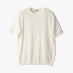 Front view of the Mooncastle Knit Crew Neck in off white featuring a clean silhouette and refined knit construction.