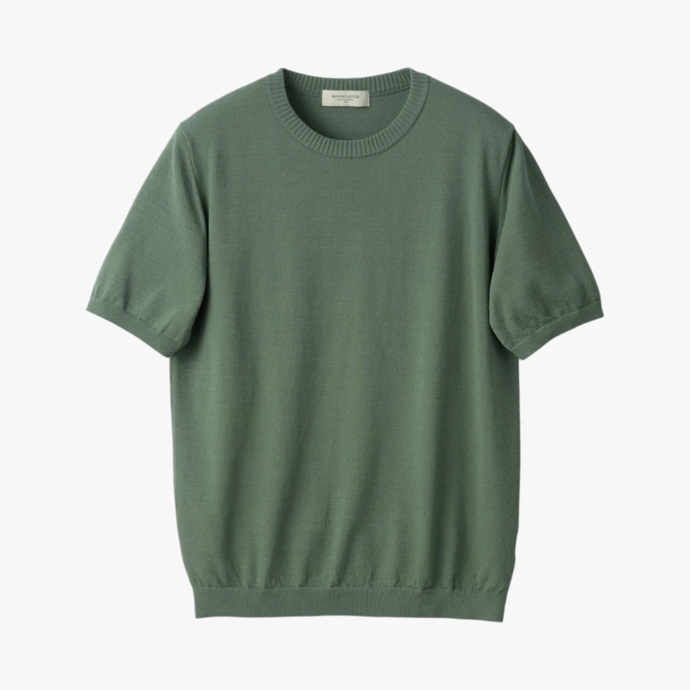 Front view of the Mooncastle Knit Crew Neck in olive featuring a clean silhouette and refined knit construction.