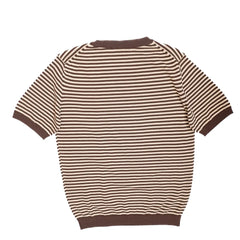 Back view of the Mooncastle Knit Crew Neck Stripe in brown and latte beige showing the clean knit structure and relaxed silhouette.