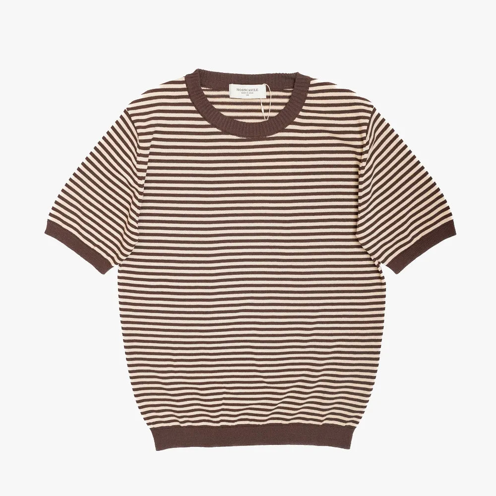 Front view of the Mooncastle Knit Crew Neck Stripe in brown and latte beige featuring a classic striped pattern and refined knit construction.