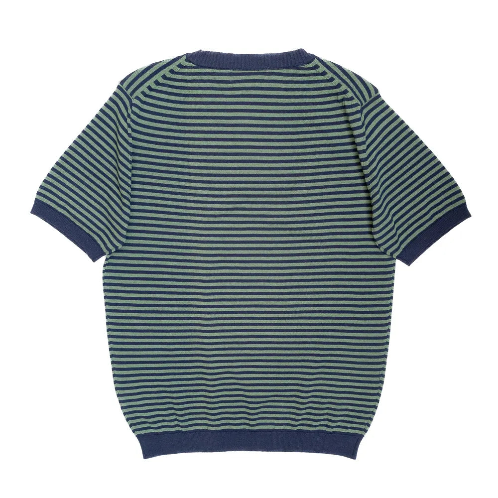 Back view of the Mooncastle Knit Crew Neck Stripe in navy and olive showing the clean knit structure and relaxed silhouette.