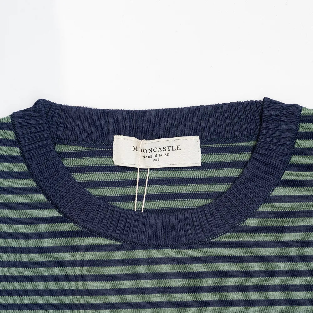 Close-up of the crew neck collar highlighting the ribbed knit construction and stripe detail.
