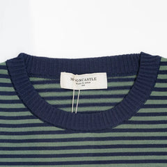 Close-up of the crew neck collar highlighting the ribbed knit construction and stripe detail.
