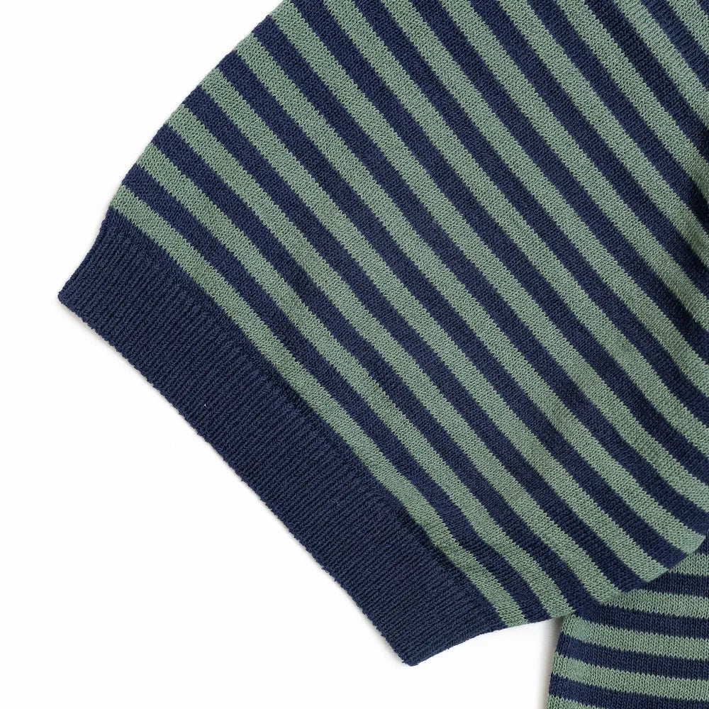 Close-up of the sleeve showing the knit texture and ribbed cuff finishing.