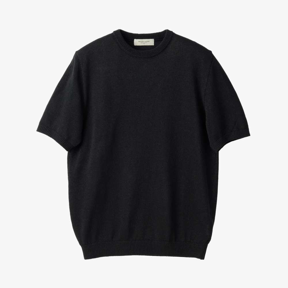Front view of the Mooncastle Knit Paper Silk Crewneck Black showing the minimalist silhouette, rich black tone, and lightweight paper-silk knit texture.