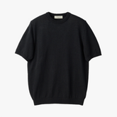 Front view of the Mooncastle Knit Paper Silk Crewneck Black showing the minimalist silhouette, rich black tone, and lightweight paper-silk knit texture.