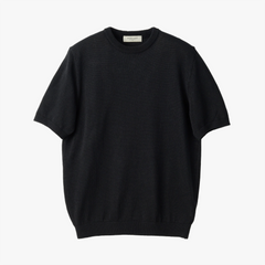 Front view of the Mooncastle Knit Paper Silk Crewneck Black showing the minimalist silhouette, rich black tone, and lightweight paper-silk knit texture.