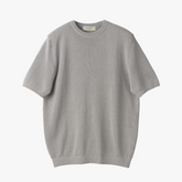 Front view of the Mooncastle Knit Paper Silk Crewneck Light Grey showing the lightweight silhouette, soft light grey tone, and refined paper-silk knit texture.