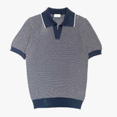 Front view of the Morgano jacquard polo neck in blue and bianco featuring a patterned knit design and refined silhouette.