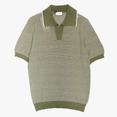 Front view of the Morgano jacquard polo neck in verde and bianco featuring a patterned knit design and refined silhouette.