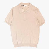 Front view of the Morgano zipped polo neck in beige featuring a clean silhouette and refined knit construction with zip placket.