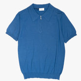 Front view of the Morgano zipped polo neck in blue chiaro featuring a clean silhouette and refined knit construction with zip placket.