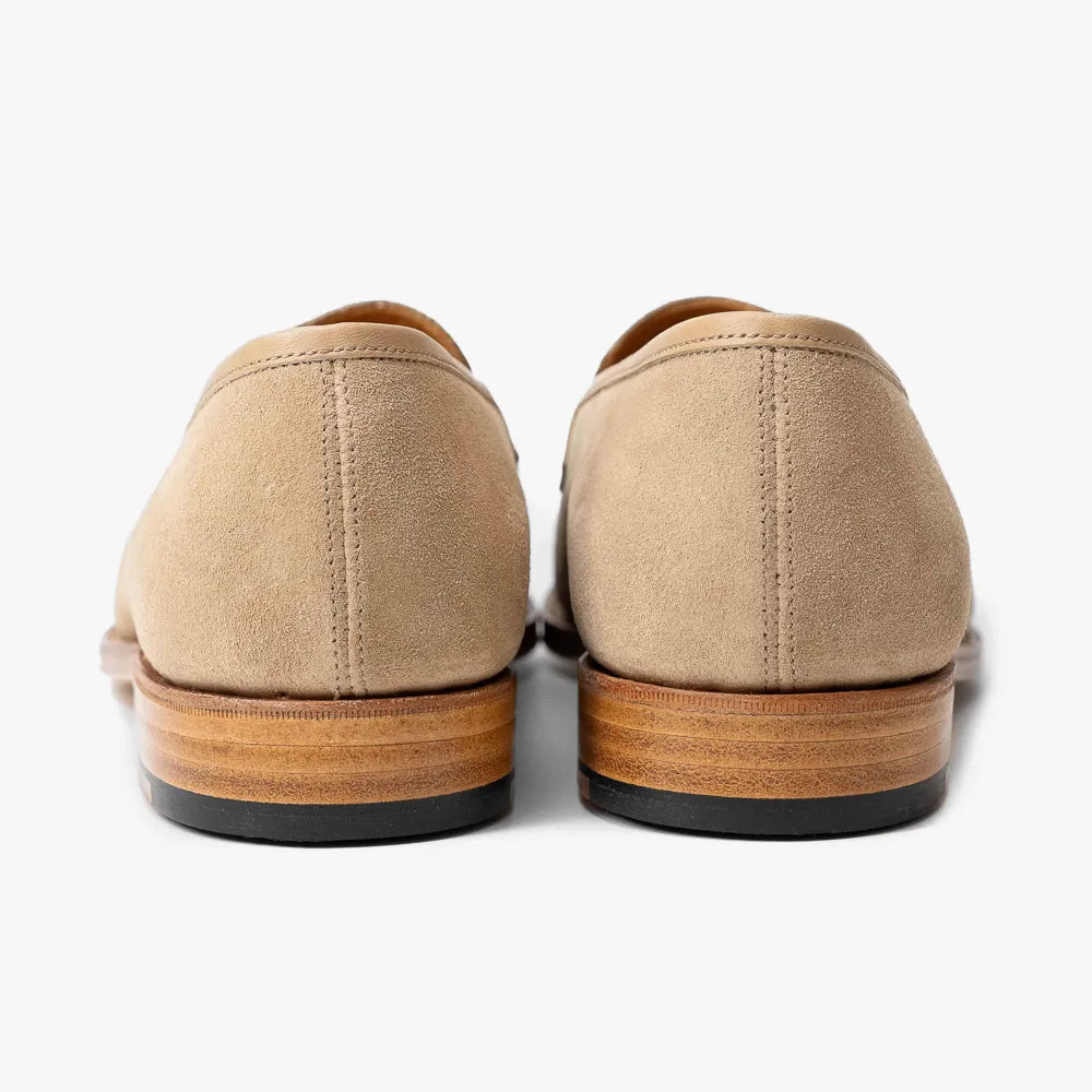Oriental Albers Penny Loafer in beige suede, back view highlighting heel design.