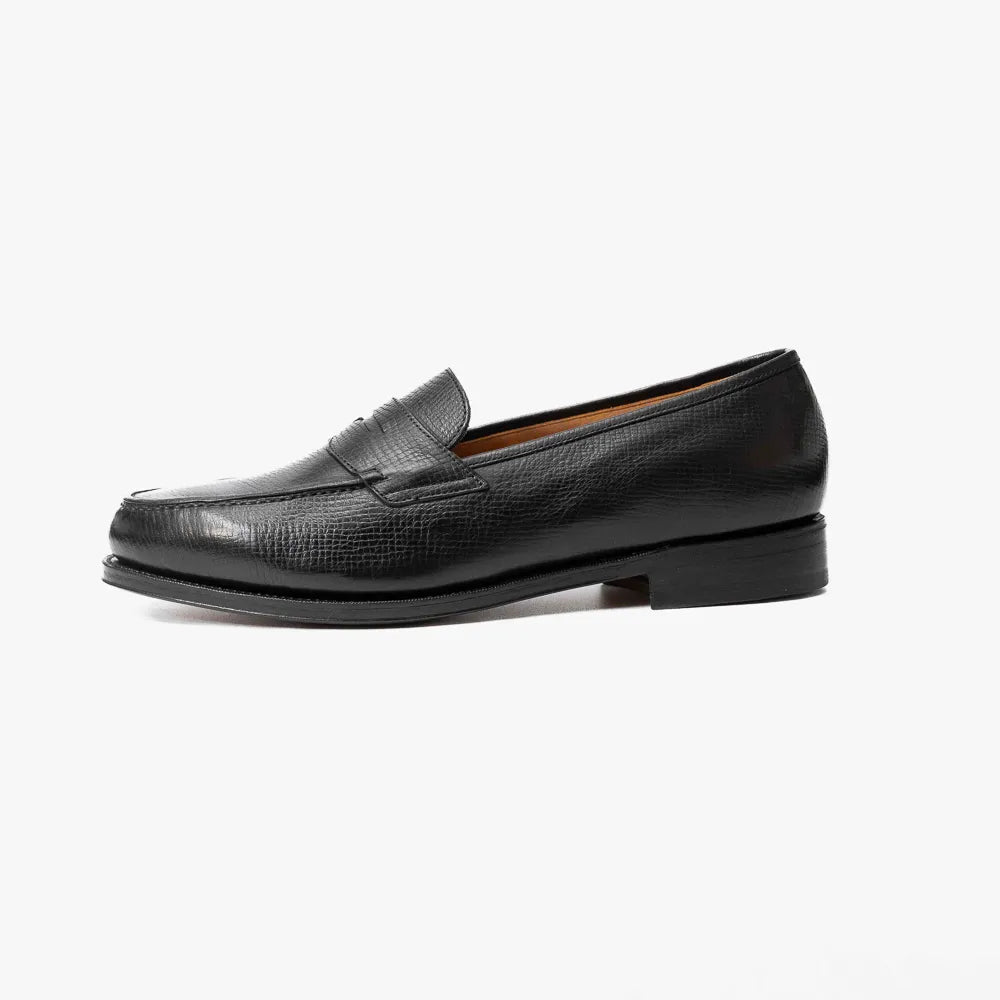 Oriental Albers Penny Loafer in Black Utah Calf leather, side profile showing refined silhouette.
