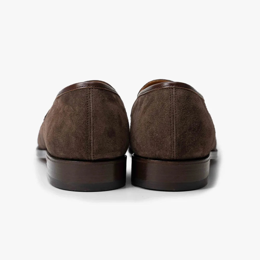Oriental Albers Penny Loafer in dark brown suede, back view showing heel and stitching.
