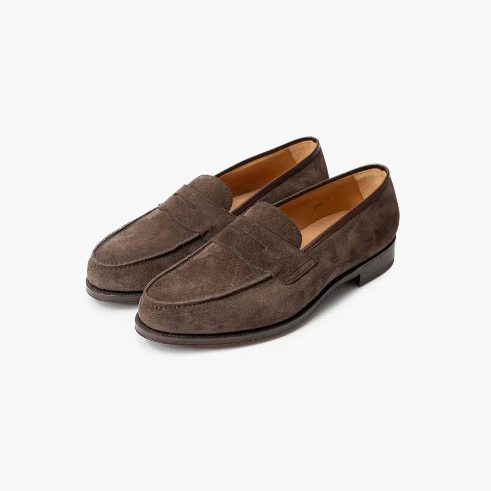 Oriental Albers Penny Loafer in dark brown suede, angled front view showing refined shape.