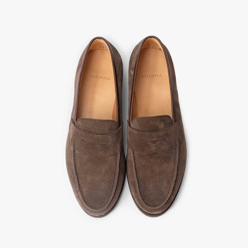Oriental Albers Penny Loafer in dark brown suede, top view of pair with penny strap visible.