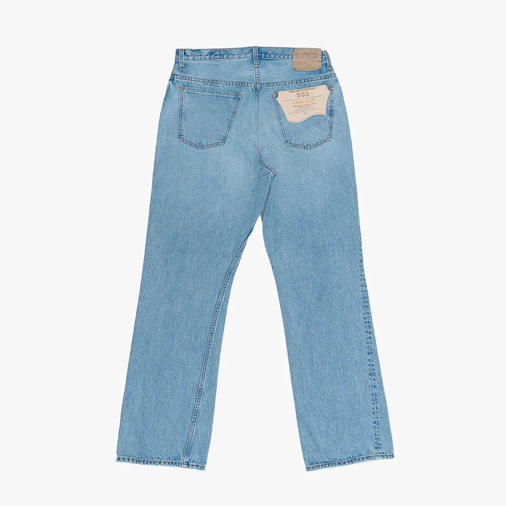 Back view of the Orslow x Clothierandsons 202 Shoe Cut Jeans Sky Blue showing the back pockets and soft sky-blue fade.