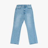 Full-length view of the Orslow x Clothierandsons 202 Shoe Cut Jeans Sky Blue showcasing the shoe-cut silhouette and vintage wash.