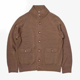 Front view of the Refinement Knitwear Essential Raglan Bomber Knit Jacket Brown showing the knit bomber silhouette, raglan sleeves, and dual front pockets.