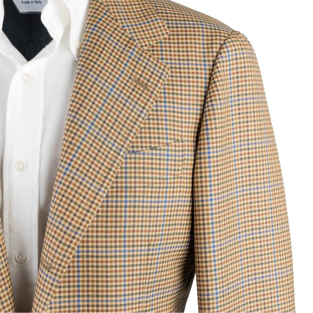 Close-up of the lapel on the RMJ-03 Gunclub Windowpane Jacket showing the lapel roll, edge stitching, and textured Moon & Sons wool pattern.