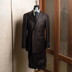 Full set view of the Refinement Made By Ring Jacket RMJ-04 Suit Chalk Stripe Dark Brown by Ermenegildo Zegna Electa showing the jacket and trousers together in a refined tailored silhouette.