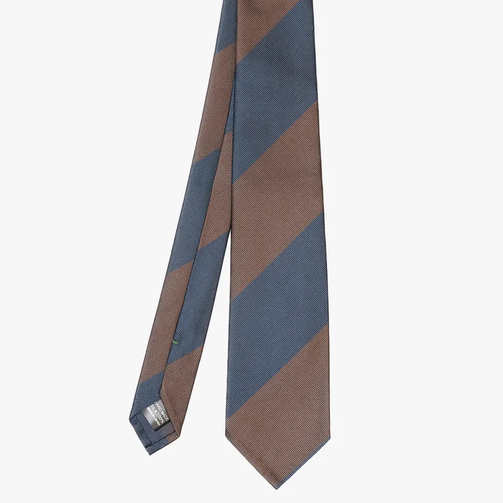 Front view of the Refinement block stripe neck tie in navy and brown featuring bold diagonal stripe pattern and refined proportions.