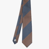 Front view of the Refinement block stripe neck tie in navy and brown featuring bold diagonal stripe pattern and refined proportions.