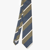Front view of the Refinement stripe neck tie in navy, olive, and ivory featuring a classic diagonal stripe pattern.