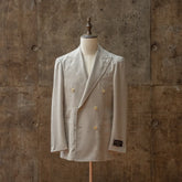 Front view of the Refinement × Ring Jacket RMJ-04 Double Breasted Jacket Hopsack Ivory by VBC showing the peak lapels, double-breasted closure, and airy hopsack drape.