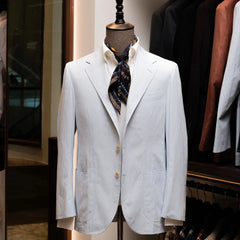 Front view of the Refinement Tailoring Rfmt-01 Sport Jacket Seersucker Stripe Blue by Biellesi showing the lightweight silhouette and classic blue striped seersucker texture.