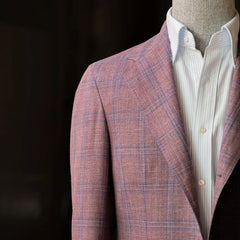 Upper-body close-up of the Summertime Checked Purple jacket highlighting the lapel roll, chest pocket, and lightweight Loro Piana fabric texture.