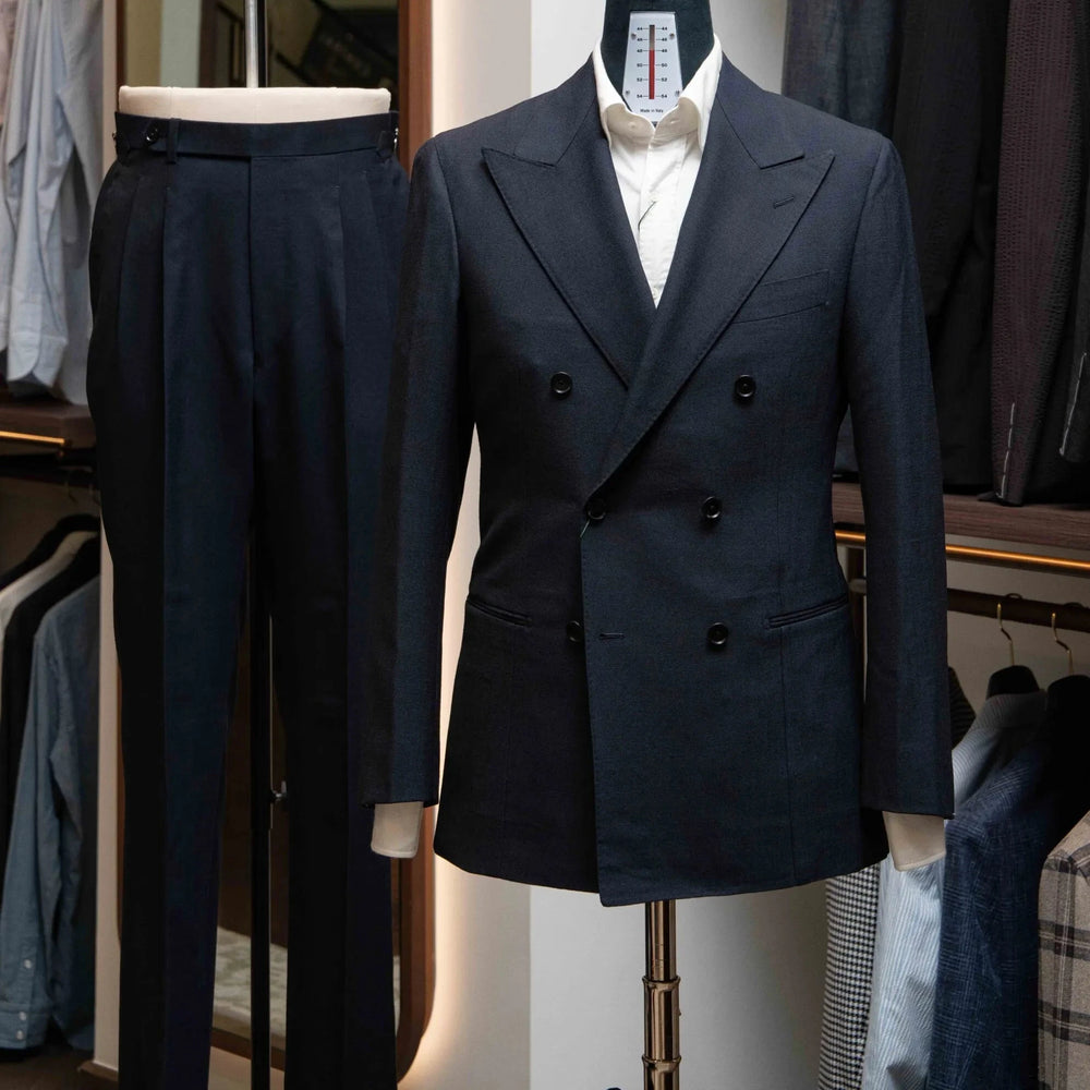 Front view of the Refinement Tailoring Rfmt-02 Double-Breasted Suit Jacket Navy by Woodhead showing the structured DB silhouette and deep navy wool tone.