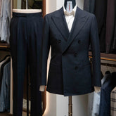Front view of the Refinement Tailoring Rfmt-02 Double-Breasted Suit Jacket Navy by Woodhead showing the structured DB silhouette and deep navy wool tone.