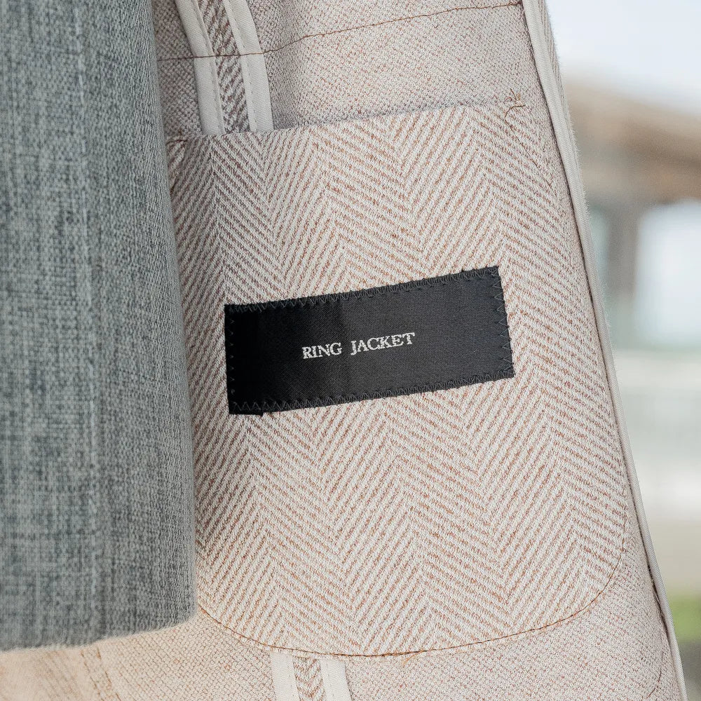 Ring Jacket Stand Collar Jacket Beige Herringbone Interior Brand Label Detail