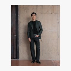 Full body view of RMJ-03 green single breasted jacket by Ring Jacket made with VBC fabric