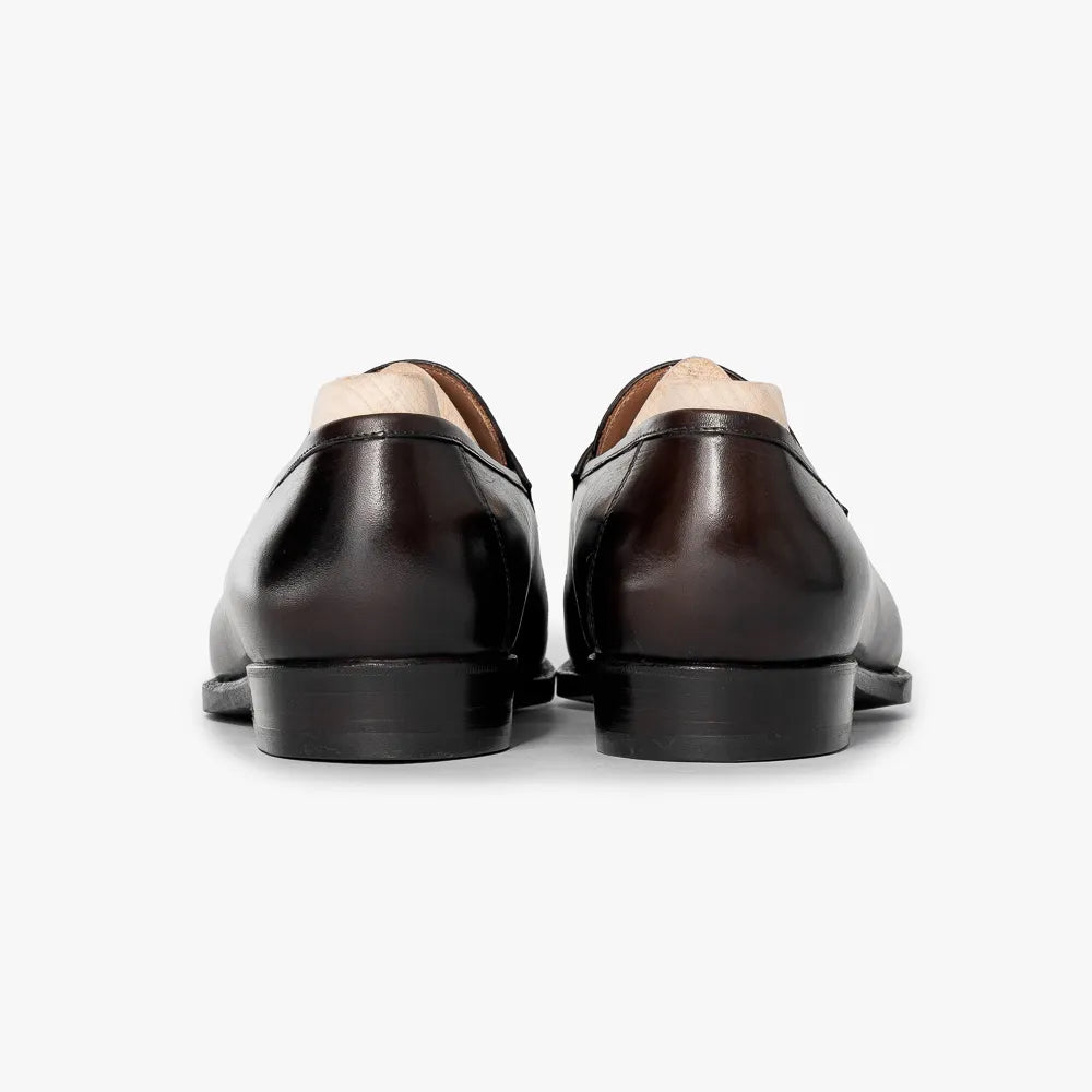 Leather sole of Saint Crispin’s 539 apron penny loafer in Expresso Crust Calf, bottom view.