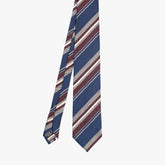 Full view of the Stefano Cau regimental tie in navy and burgundy showing the classic striped pattern and refined proportions.
