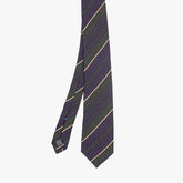 Full view of the Stefano Cau regimental tie in purple and green showing the classic striped pattern and refined proportions.