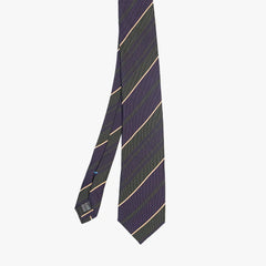 Full view of the Stefano Cau regimental tie in purple and green showing the classic striped pattern and refined proportions.