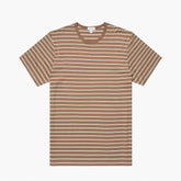 Front view of the Sunspel Classic T-shirt Dark Sand / Ecru Tramline Stripe highlighting the straight silhouette and subtle tramline stripe pattern.