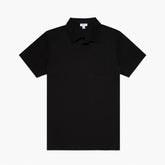 Front view of the Sunspel Riviera Polo Shirt Black highlighting the clean tailored silhouette and deep black tone.