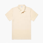 Front view of the Sunspel Riviera Polo Shirt Buttermilk highlighting the clean tailored silhouette and soft buttermilk tone.