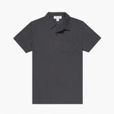 Front view of the Sunspel Riviera Polo Shirt Charcoal highlighting the clean tailored silhouette and deep charcoal tone.