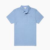 Front view of the Sunspel Riviera Polo Shirt Cornflower highlighting the clean silhouette and vibrant cornflower-blue tone.