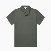 Front view of the Sunspel Riviera Polo Shirt Dusk Green highlighting its clean tailored silhouette and muted dusk-green tone.