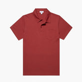 Front view of the Sunspel Riviera Polo Shirt Garnet Red highlighting the clean tailored silhouette.